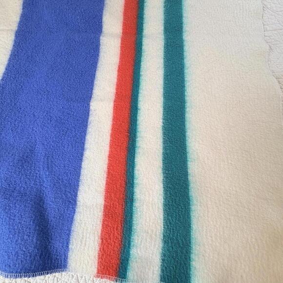 Baby Blanket Feel Striped Blue Aqua Red Vintage Camping Blanket Style But SOFT - Picture 9 of 15